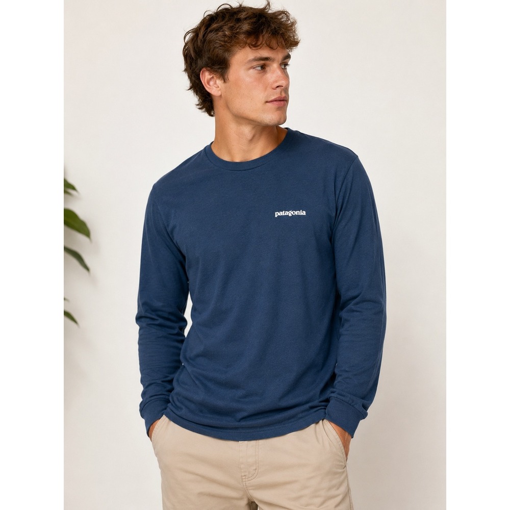 Patagonia Long Sleeve Tee Men Small Blue Excellent P-6 Logo Responsibili-Tee